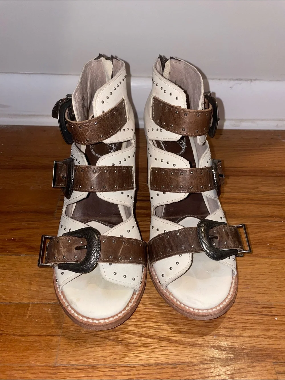 Western Cowboy Booties Cream and Brown Buckle Western Block Heel